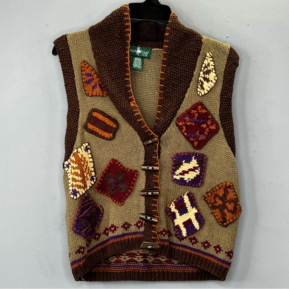 Hunt Club Large Patchwork Sweater Vest Green Brown Colorful Button-Up V-Neck